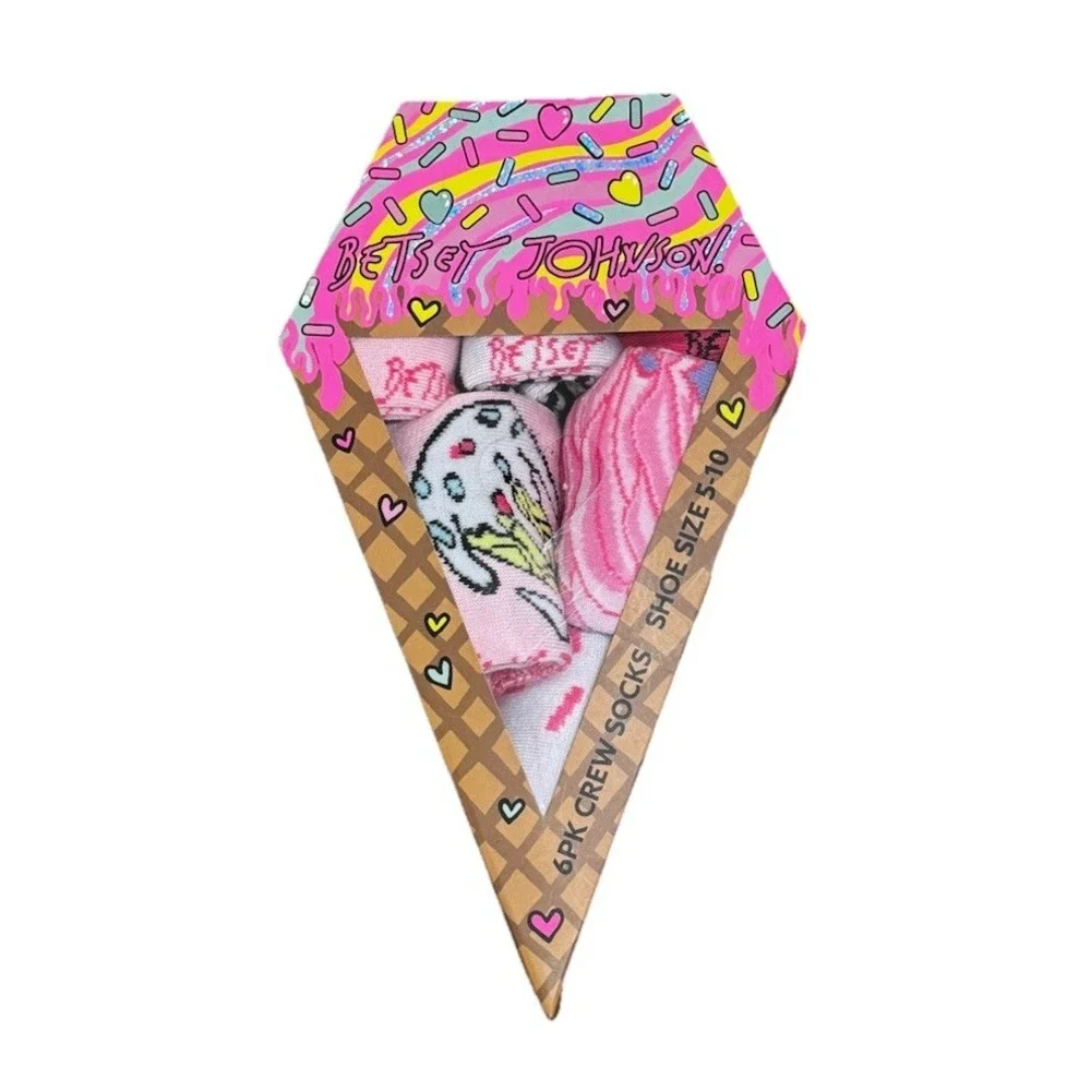 Betsey Johnson 6 PK Crew Socks Size 5-10 Ice Cream Cone Gift Set Novelty NWT‎